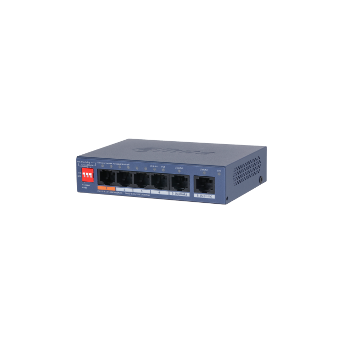 Dahua 6-Port PoE Network Switch with 4 x 10/100 Mbps PoE ports and 2 x Gigabit uplink ports., DH-CS4006-4ET2GT-60