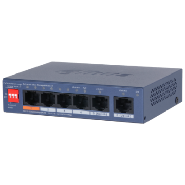 Dahua 6-Port PoE Network Switch with 4 x 10/100 Mbps PoE ports and 2 x Gigabit uplink ports., DH-CS4006-4ET2GT-60